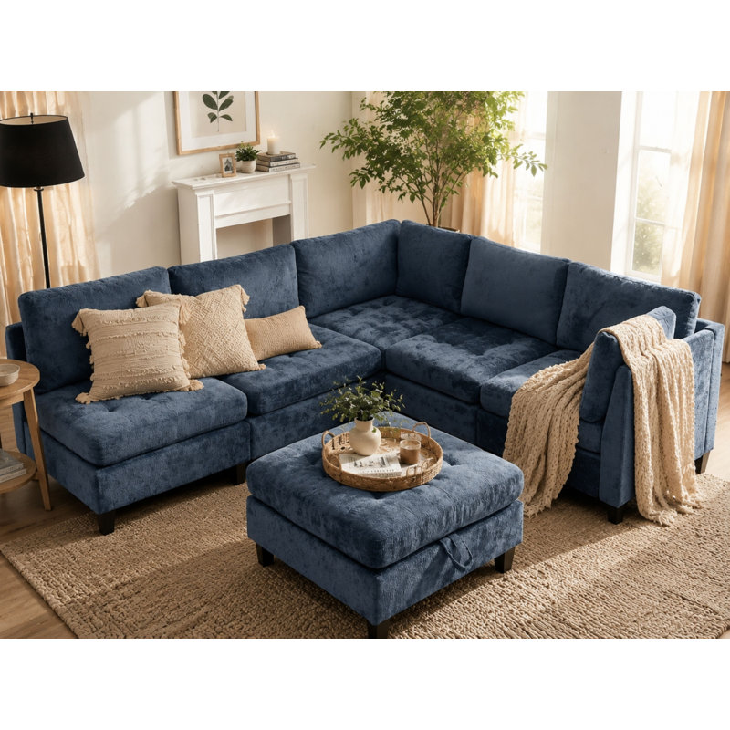 Canapé-lit modulaire avec repose-pieds Chenille, Chenille bleu, 33.5"H x 255"W x 32.3"D