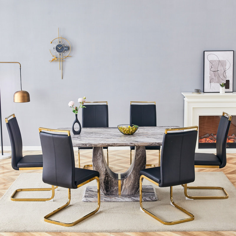 63" Modern Dining Table Set With PU Leather Chairs, U-Shaped MDF Base, Black, 7 Pieces: Table, 6 Chairs