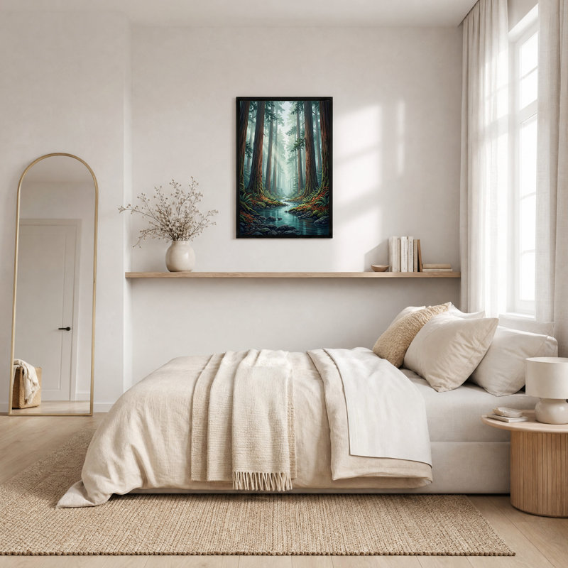 Art mural sur toile, "Misty Forest Stream" avec fougères ensoleillées, H 24 po x l 16 po