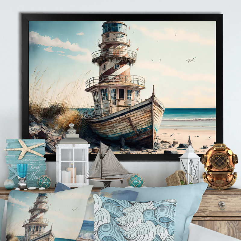 Bateau de pêche et phare II - plage, art mural sur toile, H 24 po x l 32 po x P 1 po, Cadre flottant noir