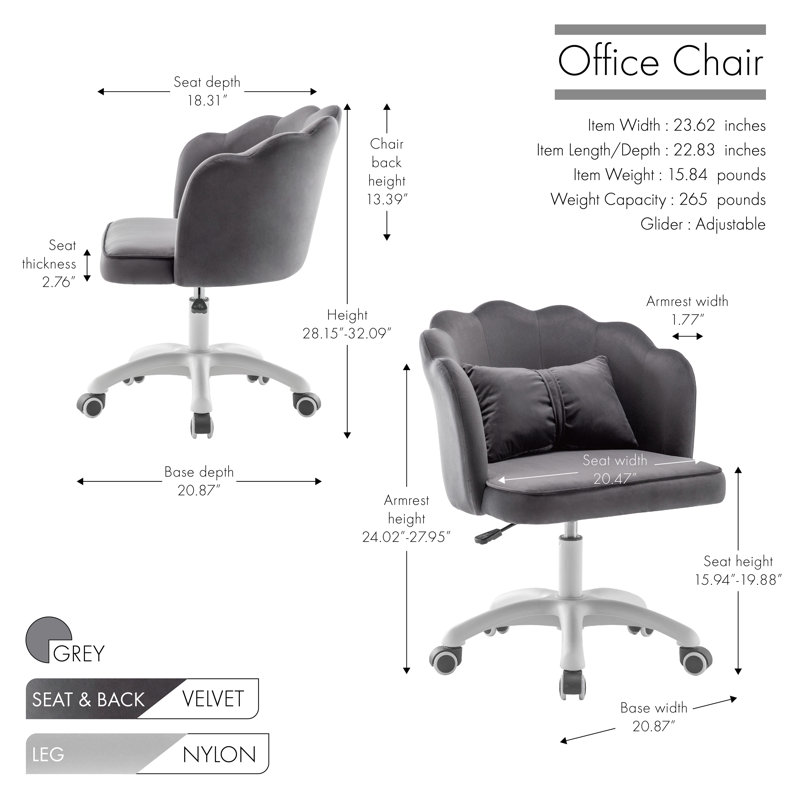 Koret Scalloped Velvet Office Chair, Gray