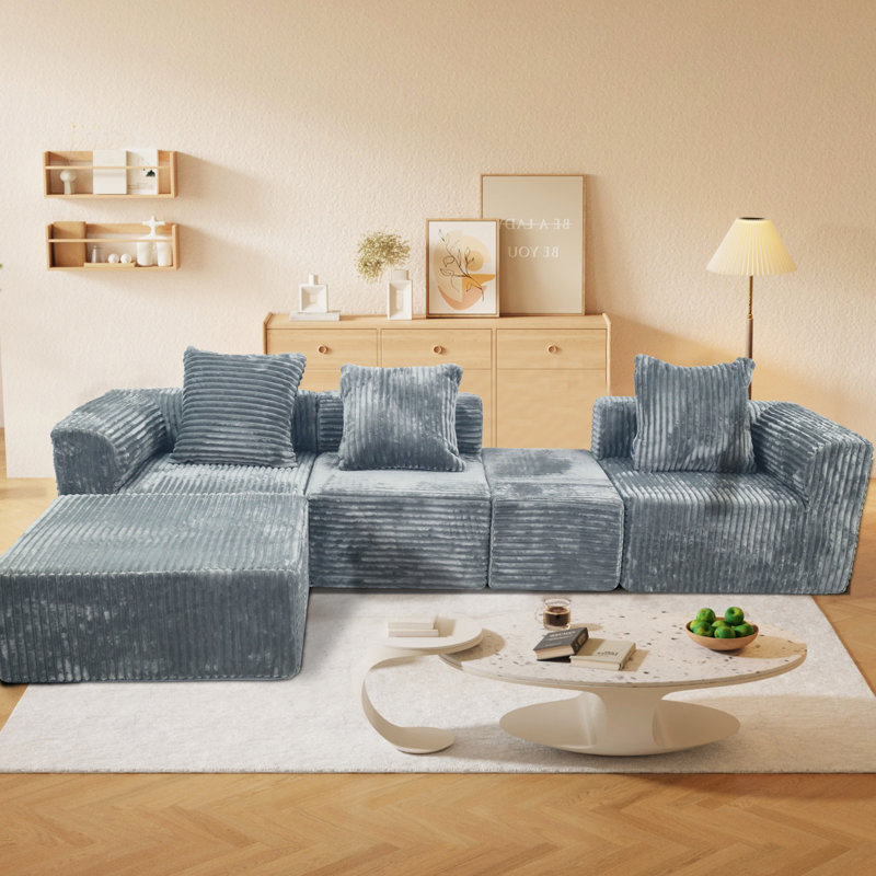 Convertible Modular Sectional , 4 - Seat Compression American Design In Grey, Medium Firm Seat, Us Foam Filler, Standard 100 By Brushed Corduroy Covers, Machine Washable And Soft Smooth