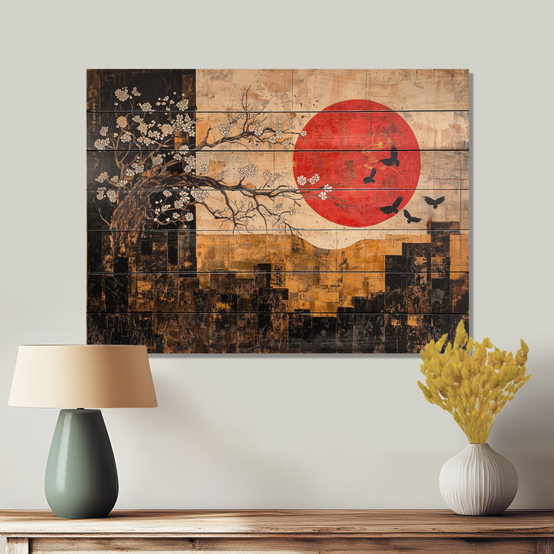 Soleil éternel de paysage japonais IV - Décoration murale traditionnelle en bois sur bois de pin naturel, H 24 po x l 32 po