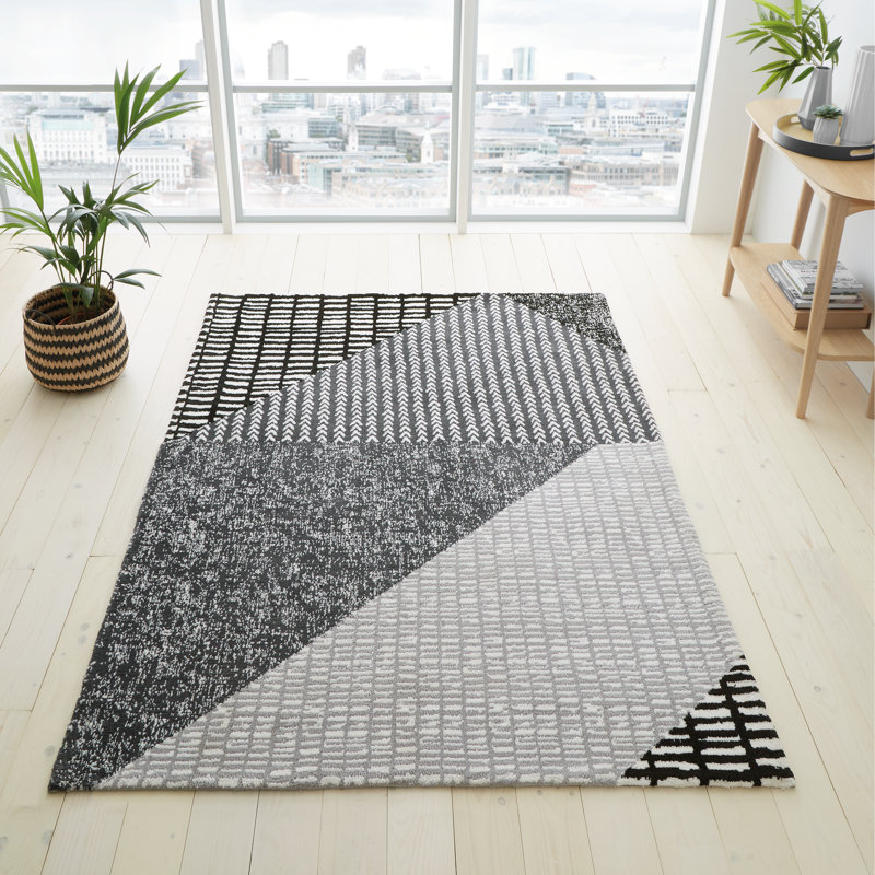 Larsson Geo Machine Woven Grey/White Rug, Rectangle 120 x 170cm