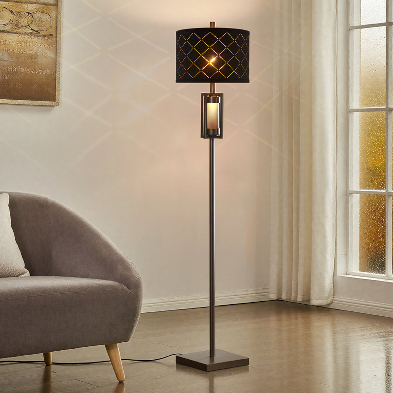 Louann 63'' Traditional Floor Lamp With Black Mesh Shade And Smoked Ambe Night Light