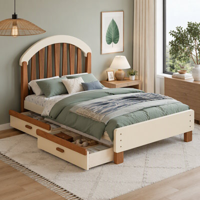 Lit plateforme simple en bois massif avec tiroir de rangement, tête de lit arrondie, sans sommier, beige et naturel profond