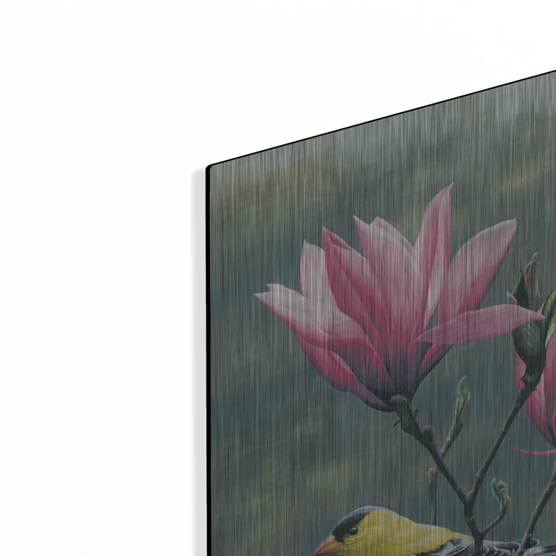 "Émergence - chardonneret et magnolia japonais" par Mark Mueller, art animalier, H 24 po x l 16 po