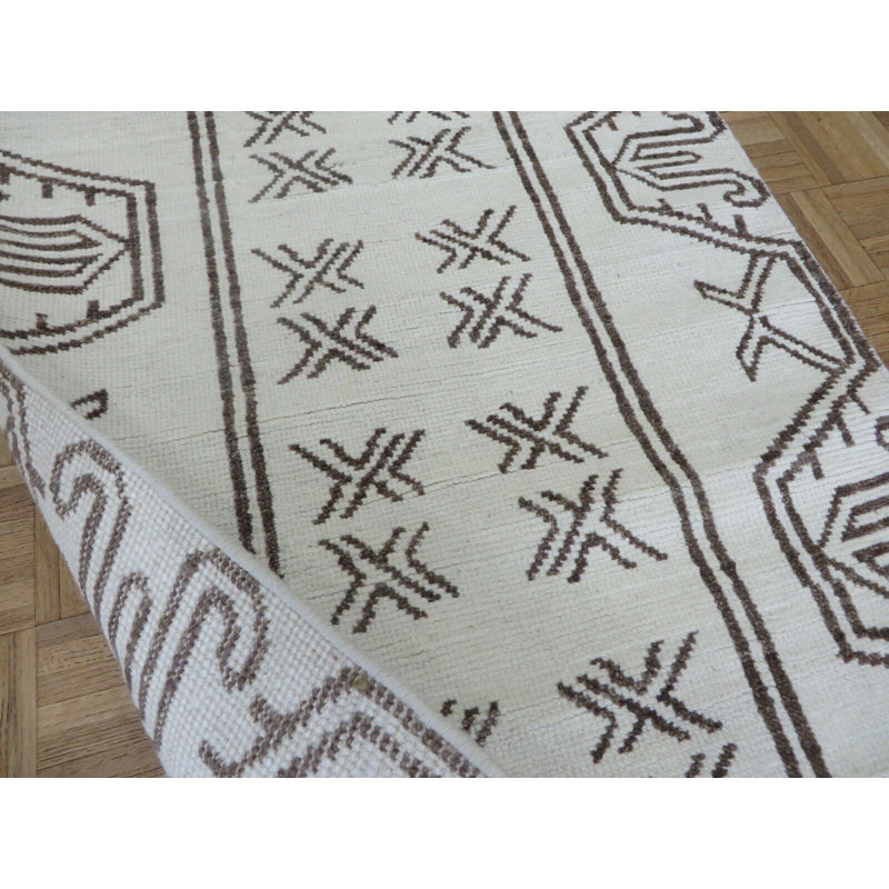 Tapis oriental géométrique noué à la main ivoire Oushak, Rectangle 3 pi 1 po x 5 pi