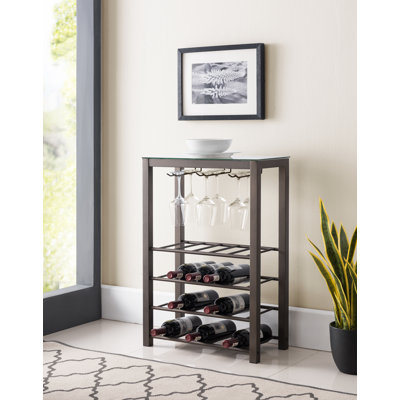 Freestanding Wine Rack Stand with Glass Holder, 9 Bottle Floor Wine Storage Console Table for Kitchen, Dining Room or Home Bar