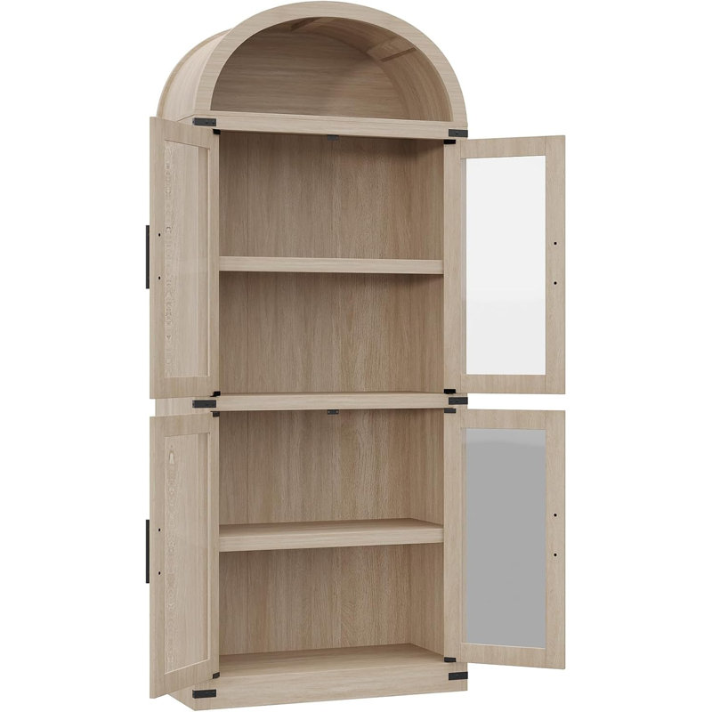 NaturalFarmhouse Arched Glass Door Bookshelf 71.4" Tall Wooden Display Cabinet for Living Room Office