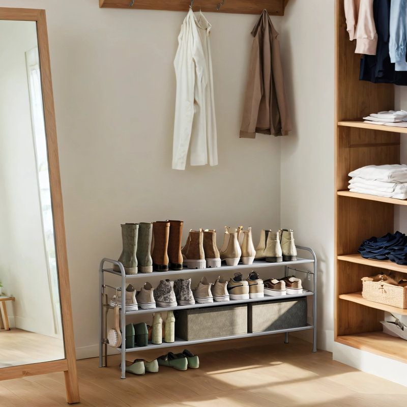 3-Tier Shoe Rack, Shoe Organizer, Fabric Shoe Shelf Storage With 4 Hooks, Holds Up To 18 Pairs, Height-Adjustable For Entryway
