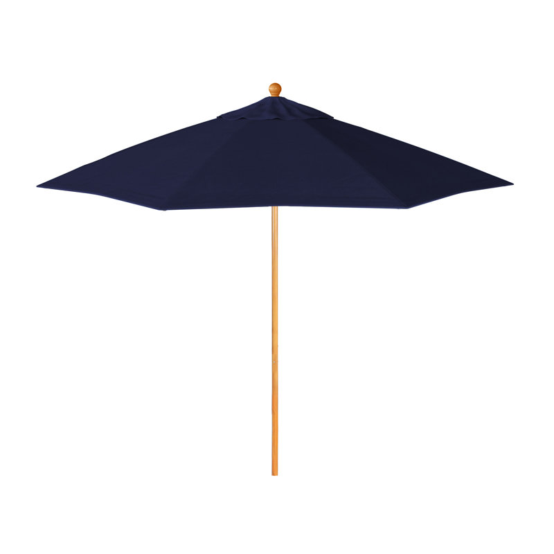 Parasol de patio en bois de teck de 9 pieds avec nervures en fibre de verre et poussoir bleu marine Pacifica, Bleu marine