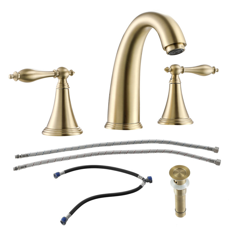 2 Handle Widespread Bathroom Faucet 3 Hole, With Pop Up Drain And 2 Water Supply Lines, Gold