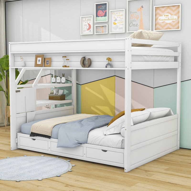 Harvison Full over Full 3 Drawer Futon Bunk Bed with Shelves by Harriet Bee, White