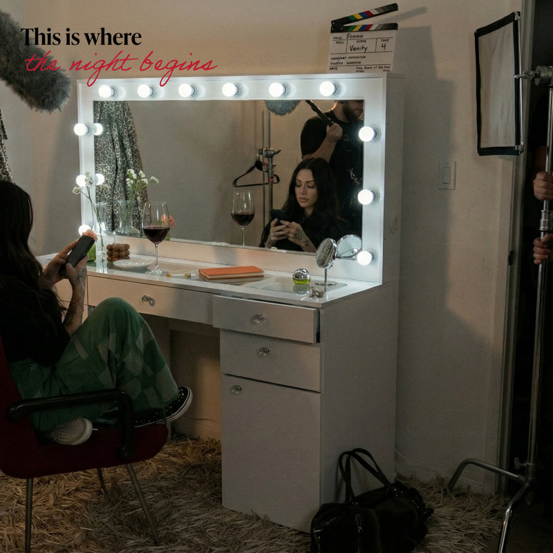 Boahaus Verona Large Vanity Desk with Framed Bulb Mirror – Custom Space Makeup Vanity Designed as a Structured Dressing Station with Integrated Power
