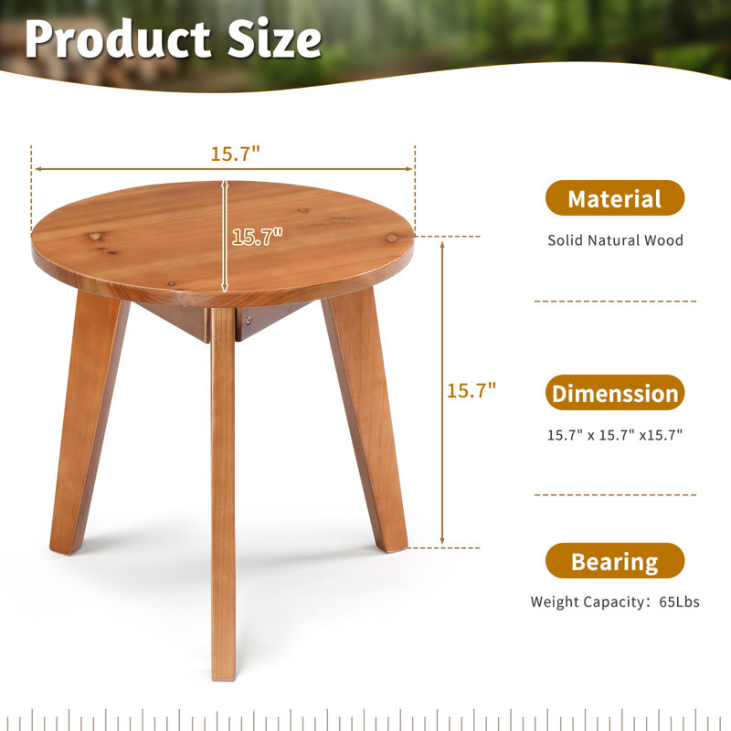 Round Teak-Color Solid Wood Tripod Patio Side Table