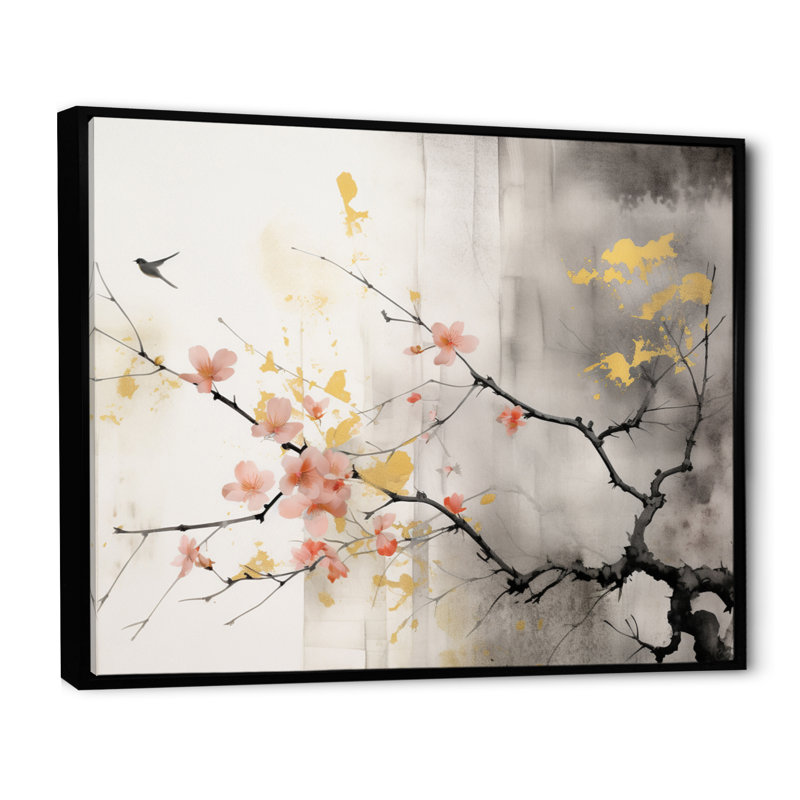 Art asiatique Sumi Blossom I - art mural asiatique, H 24 po x l 32 po x P 1 po, Cadre flottant noir