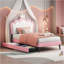 Lit simple tapissier princesse avec tête de lit couronne et 2 tiroirs