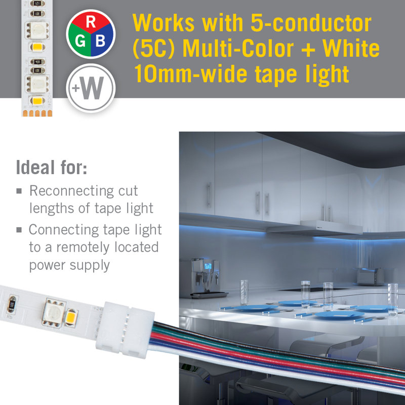5 Pin RGB+W LED Strip Light 48 in Tape to Wire Connectors, 3 Pack