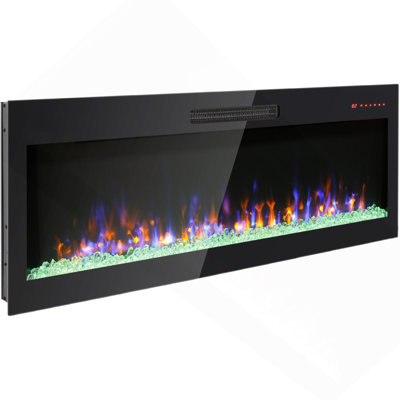 60 Inch Recessed Ultra Thin Tempered Glass Front Wall Mounted Electric Fireplace With Remote And Multi Color Flame & Emberbed, LED Light Heater