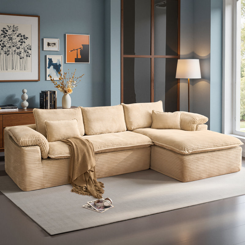 Canapé modulaire en L de 112 po avec méridienne réversible, Velours côtelé beige, Face à la droite