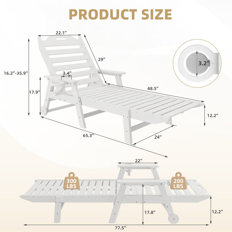 Set of 2 Oversized Outdoor Lounge Chairs – HDPE All-Weather Chaise Lounge with 6 Positions, 500-LBS Capacity, Wheels, and Cup Holder for Deck or Poolside, White