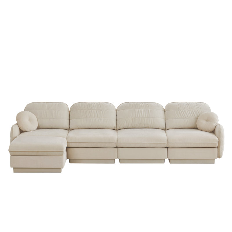Canapé en L avec assise profonde et repose-pieds amovible, Chenille crème beige, 37.4" H x 137" W x 57.8" D