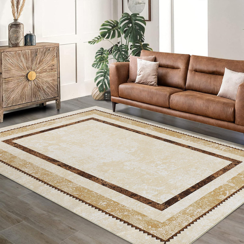 5x7 Modern Bordered Area Rug Distressed Beige Rug Rug Non Slip Floor Carpet Washable Rug Contemporary Geometric Rug Rug for Bedroom Living Room