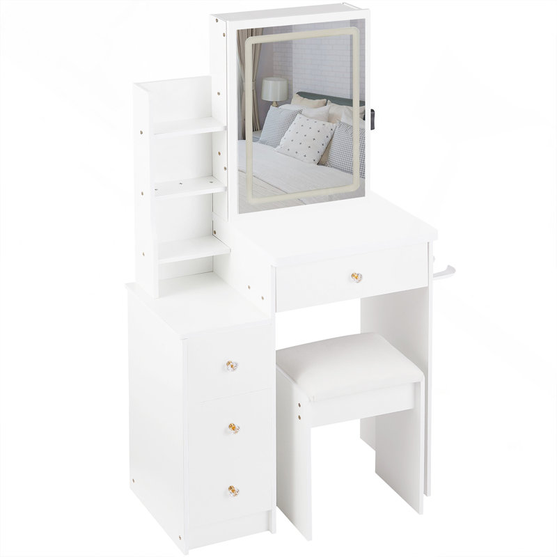 29.2" Small Size Left Bedside Cabinet Vanity Table With Cushioned Stool, 2 AC Outlets And 2 USB Ports Power Station, Hair Dryer Bracket, Brightness Adjustment