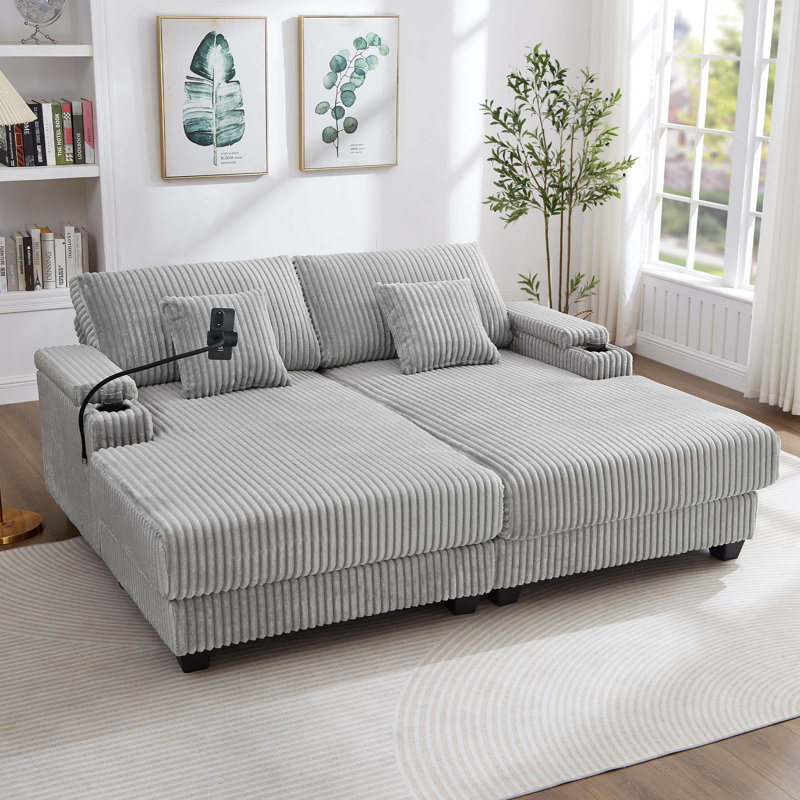 Canapé moderne avec méridienne 75,5 po Canapé-lit Canapé-lit avec dossier réglable, porte-gobelets, porte-téléphone et compartiments de rangement pour le salon