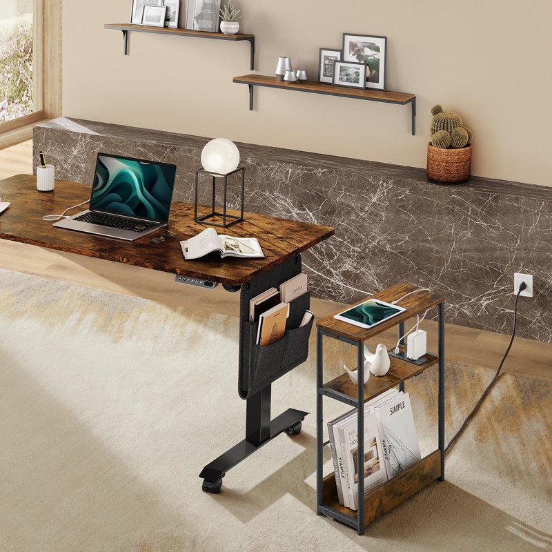 Side Table With Charging Station,magazine Rack, Rustic Brown/Ink Black