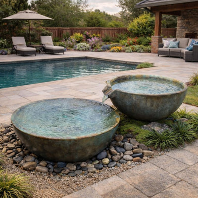 Ensemble de fontaine en cascade de cascade et cuve 32 po / 40 po d'extérieur Zen Garden Patina