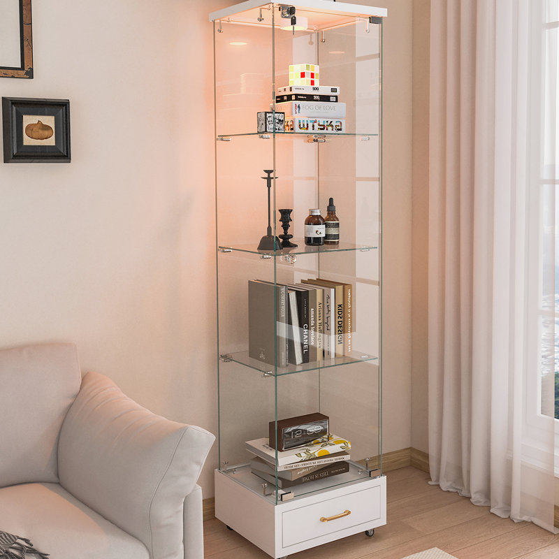 Vitrine moderne à assemblage rapide avec tiroir, idéale pour mettre en valeur des objets de collection, des bouteilles de vin et plus encore dans n'importe quelle pièce