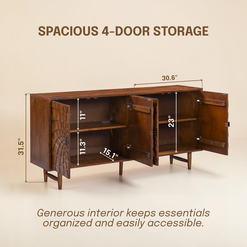 Buffet en bois massif NTC Bloom, armoire à 4 portes avec motif sculptural sculpté à la main, buffet artistique pour le salon ou la salle à manger, assemblage sans effort, noyer foncé