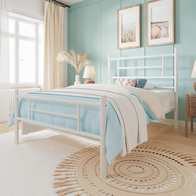 Lit plateforme en métal avec tête et pied de lit de style moderne, sans sommier tapissier, Simple, Blanc