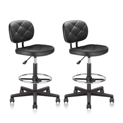 Tall Drafting Rolling Stool Chair with Low Back Support and Adjustable Foot Rest Ring Set of 2 PU Leather Vinly Wide Seat Swivel Standing Desk Chair for Office Home 2 Pack