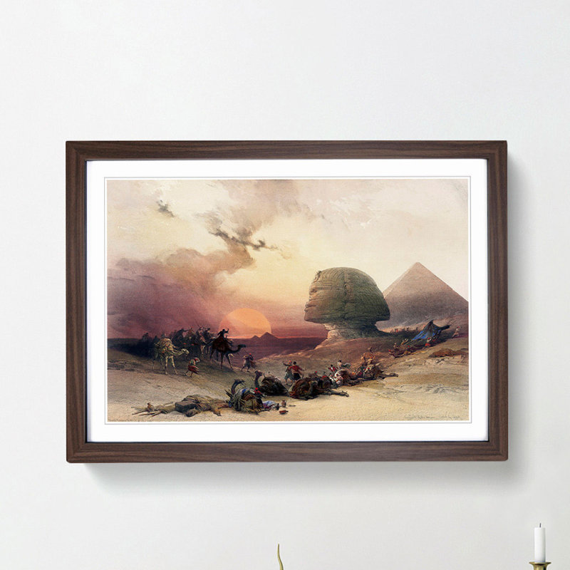 Sunset by the Great Sphinx Pyramids of Giza by David Roberts - Picture Frame Painting Print, Walnut Framed