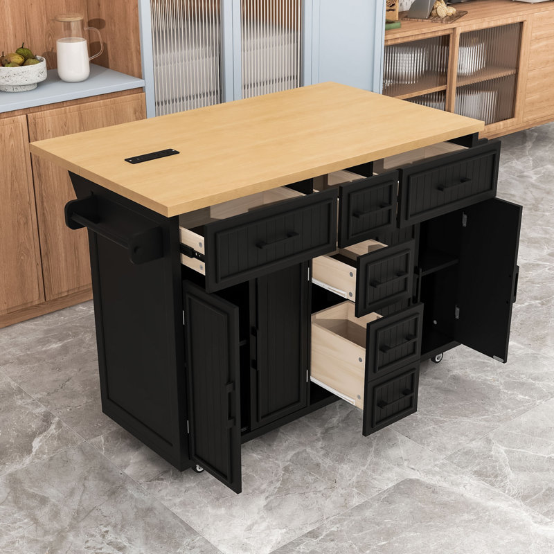 Rolling Kitchen Island Cart with Drop Leaf, Power Outlet, 5 Drawers and Adjustable Shelves, Black