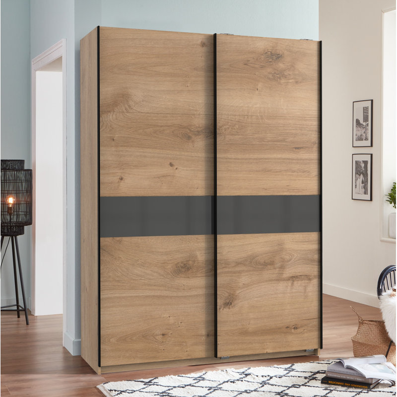 Chaska 2 Door Manufactured Wood Wardrobe, Plank Oak/Glass Grey, 198cm H x 135cm W x 64cm D, Premium Plus