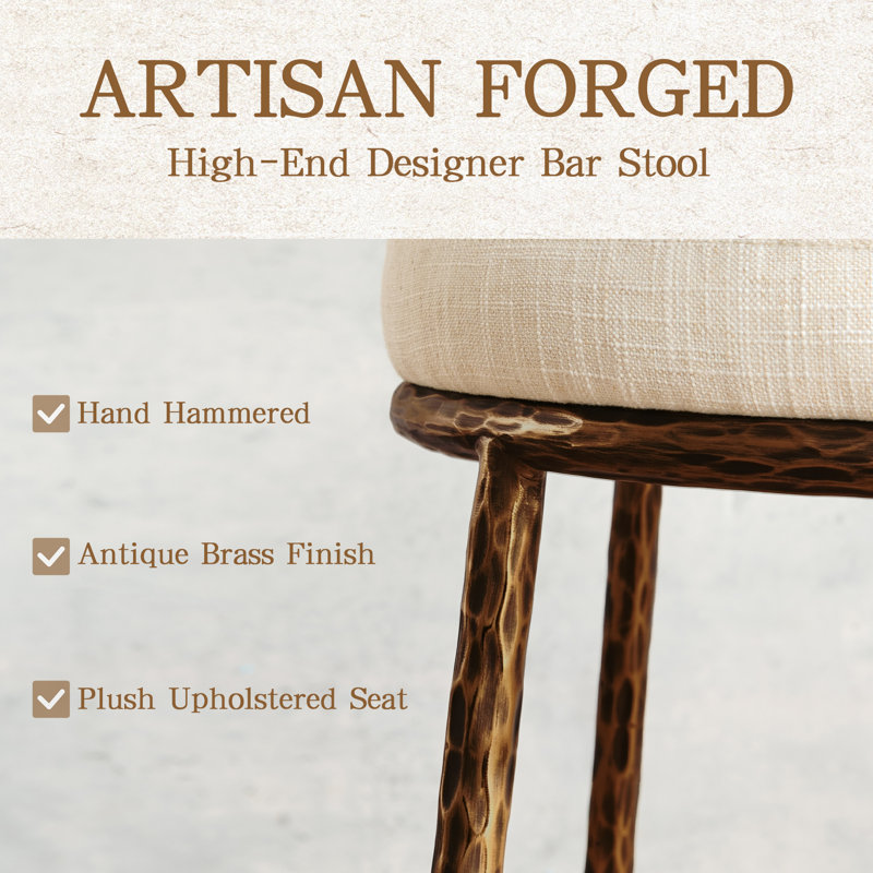 26.5" Upholstered Counter Stool With Hammered Metal Legs & Curved Low Back For Kitchen Island, Matte Bronze Hammered