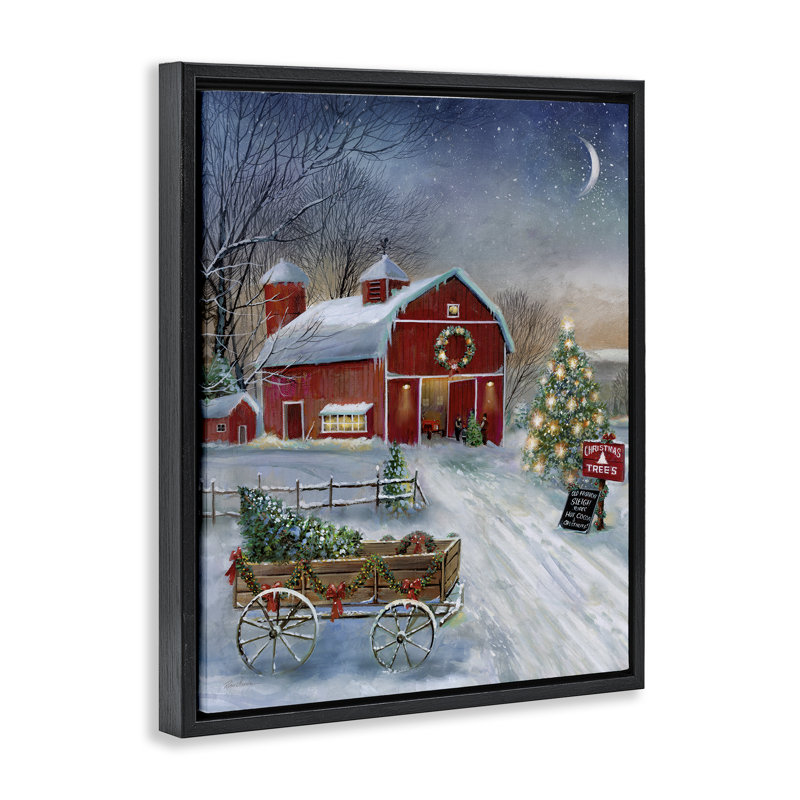 Holiday Wagon & Barn, art de la giclée encadrée par Ruane Manning, Cadre flottant noir de jais, H 21 po x l 17 po