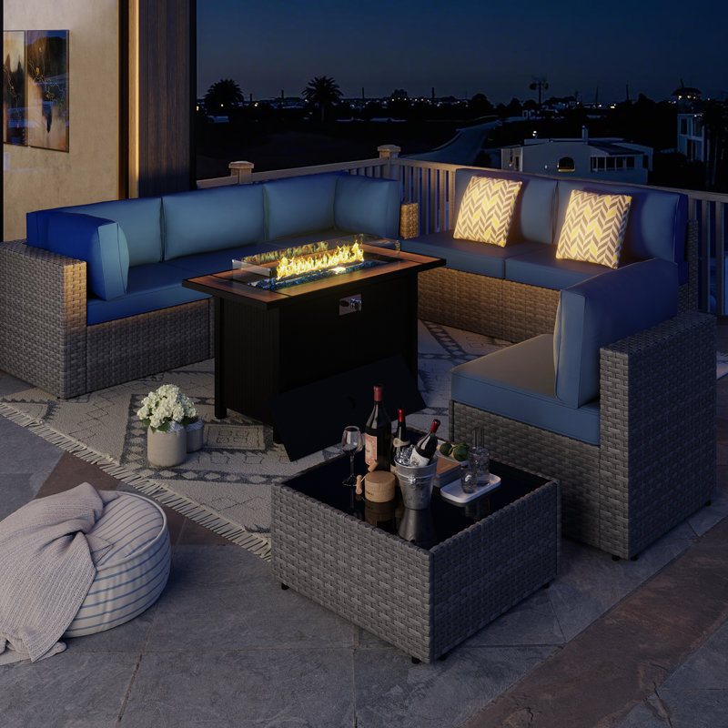  Emanie 6 - Person Outdoor Rattan Patio Set with Fire Pit Table, Navy Blue, Silver