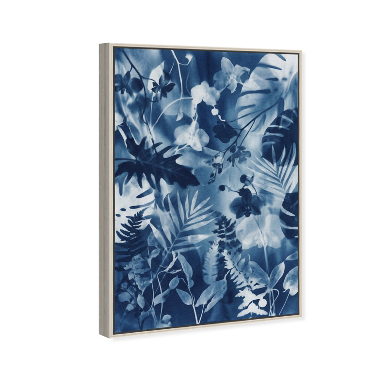 Blue Foliage Print by Oliver Gal, 37"H x 55"W, Silver Floater Frame