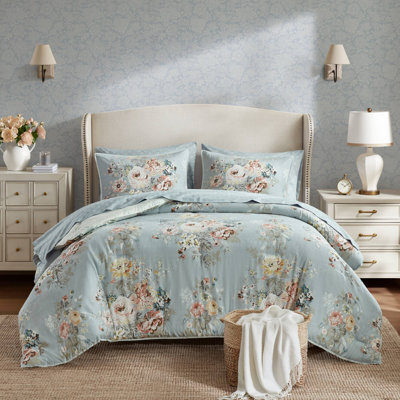 Heather Soft Blue Vintage-Inspired Collection Floral Print 7-Piece Queen Comforter