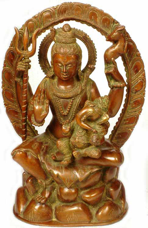 Statue en laiton de Shiva avec Ganesha sur ses genoux