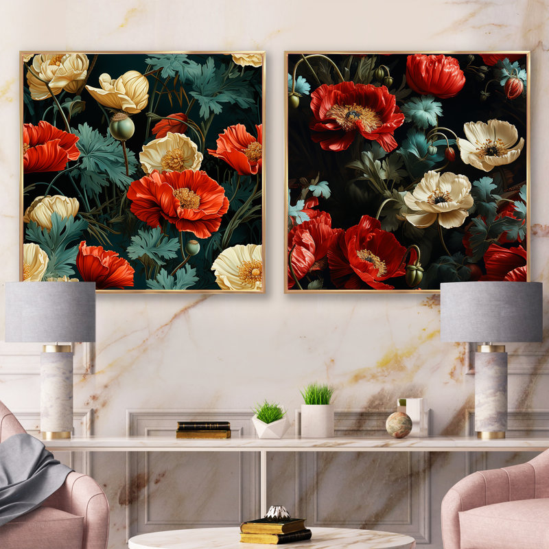 Hasson - Ensemble de 2 collages carrés floraux, Cadre flottant doré, H 16 po x l 33 po