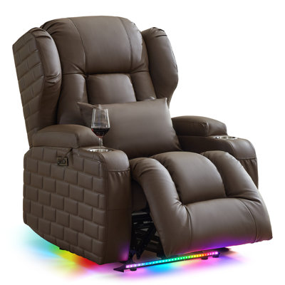 zero clearence recliner  Power Recliner Chair With Heat And Massage, Overstuffed Reclining Sofa Chair For Living Room Home Theatre Rv With 3-Side Led Lights/Cup Holders/Usb & Type C Port