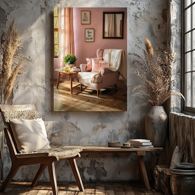 Reproduction d'art sur toile, créant une scène sereine et exaltante avec une pièce lumineuse et douillette avec une palette de couleurs chaudes de roses pastel