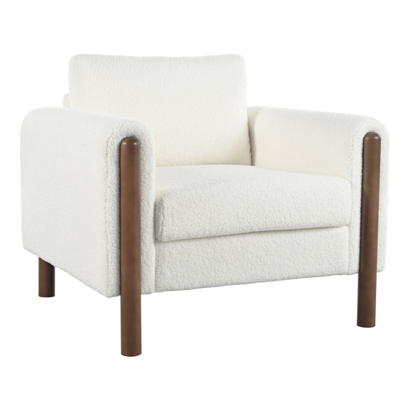 Elara Modern Oversized Upholstered Accent Chair with Curved Handrail and Wooden Legs, White Teddy