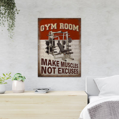 Machine in Gym Studio - Make Muscles Not Excuses - 1 pièce, impression d'art graphique rectangulaire sur toile tendue